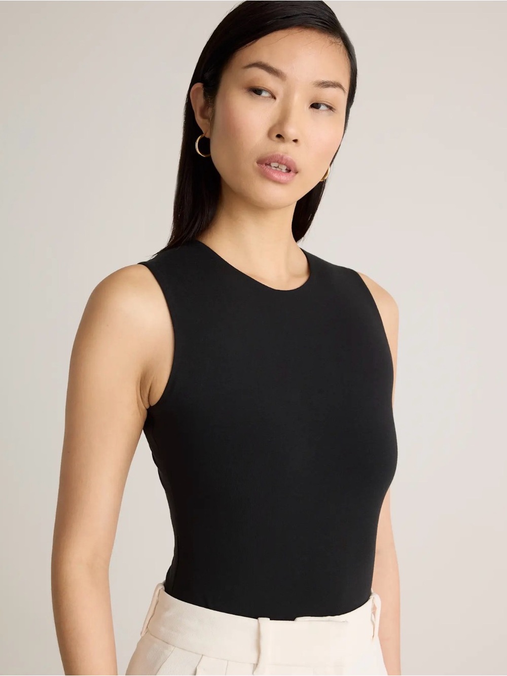 Quince Stretch Cotton Jersey High Neck Sleeveless Bodysuit Black L NWT